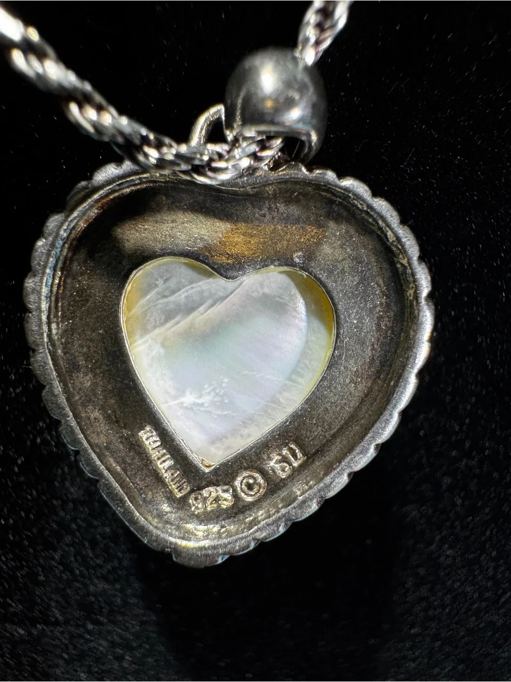 Mother of Pearl Heart Rope Pendant Sterling Silver Necklace